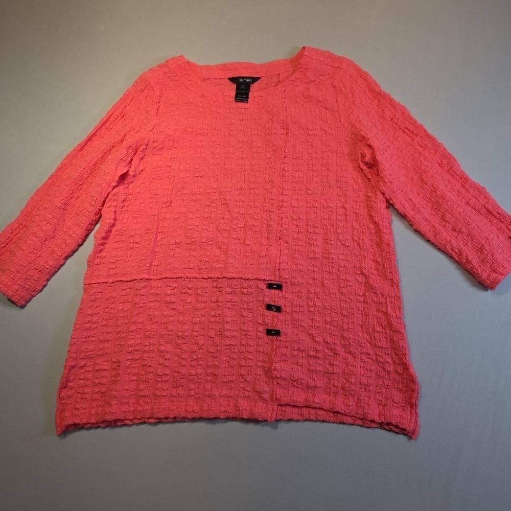Ali Miles Textured Tunic Top Women's Small Pink Coral 3/4 Sleeve Asymmetrical He